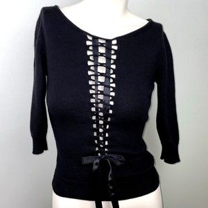 Valentino Spa Vintage 90's Lace Up Black Sweater Virgin Wool Cashmere Women's S